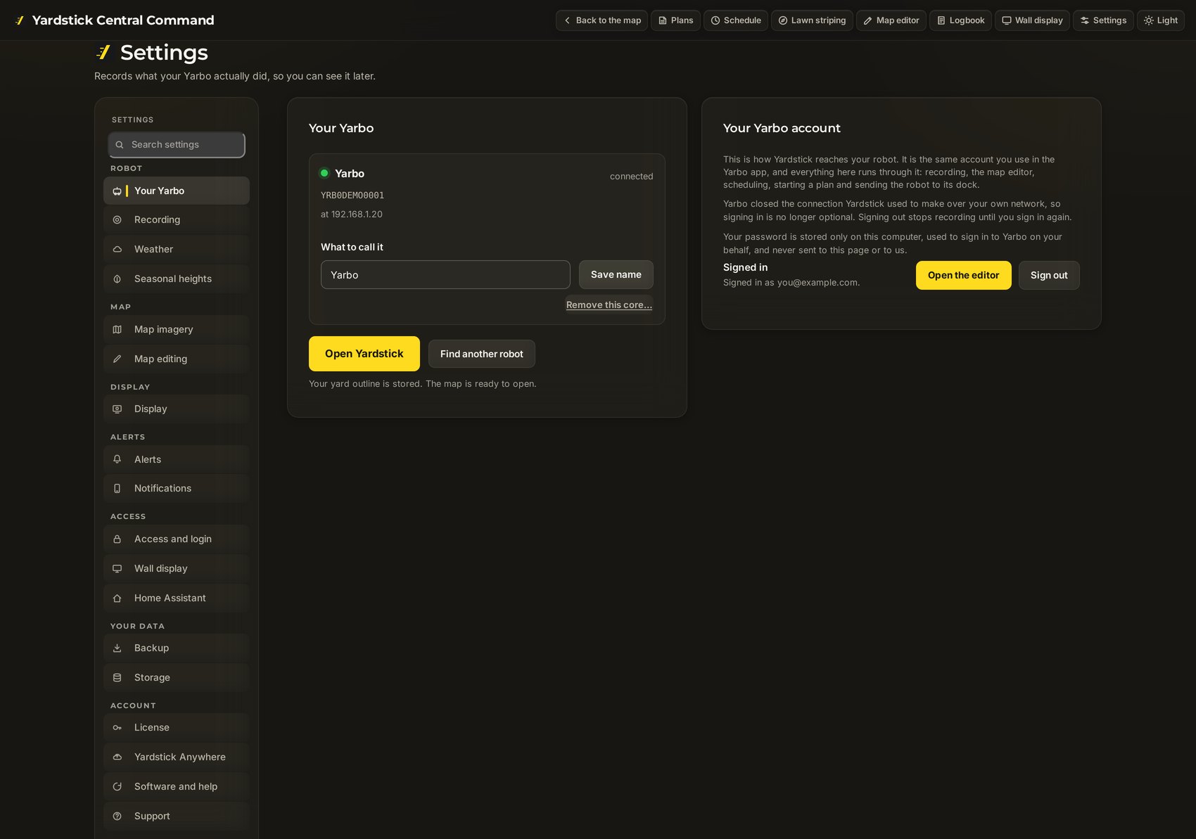 Thirteen sections of settings, from recording and storage to alerts, access and the wall display