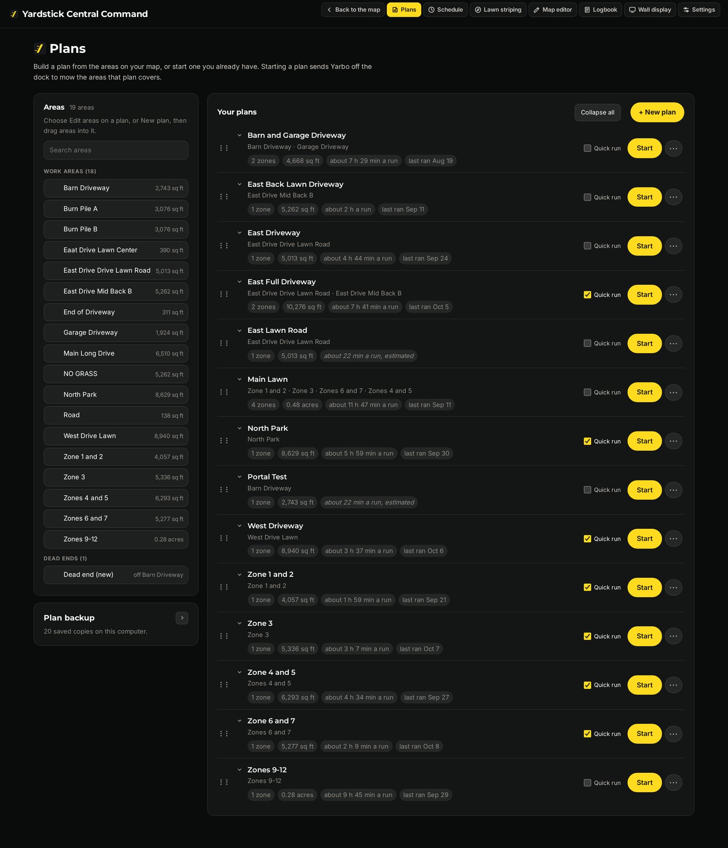 Every plan you built in the Yarbo app, each one tap from starting