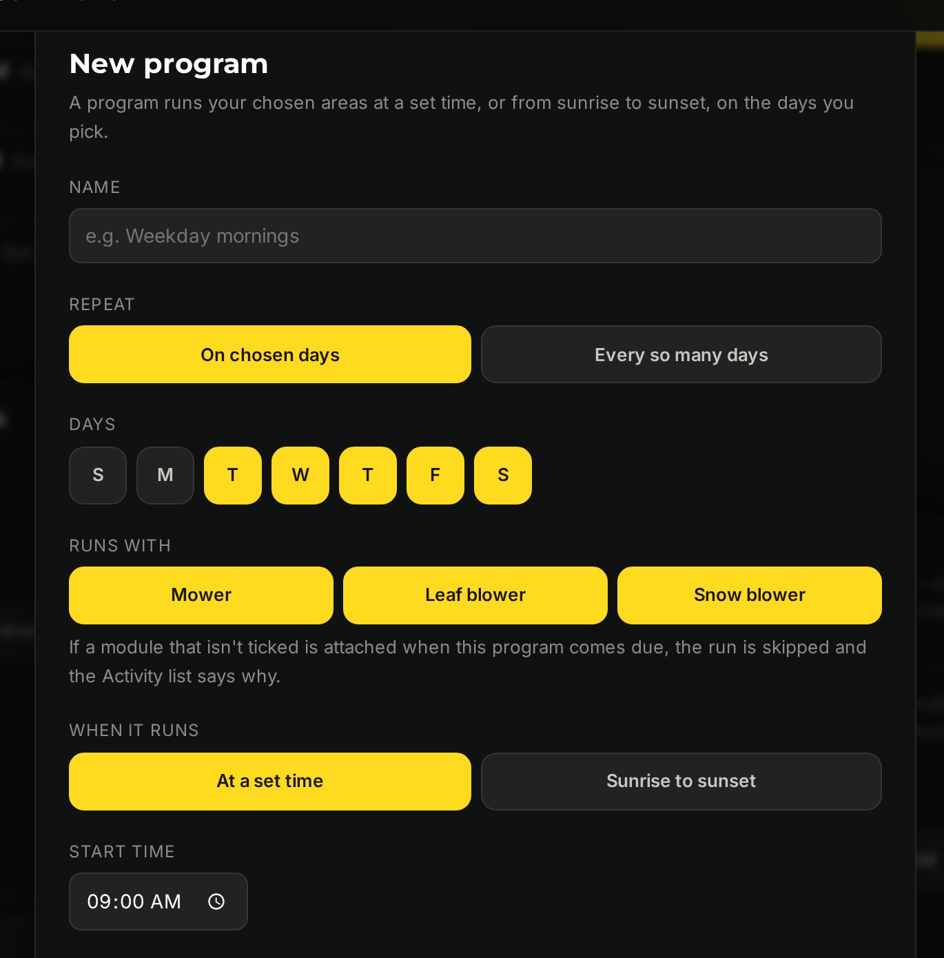 The New program dialog: a Repeat choice of On chosen days or Every so many days, the weekday buttons, which attachments it runs with, and a When it runs choice of At a set time or Sunrise to sunset