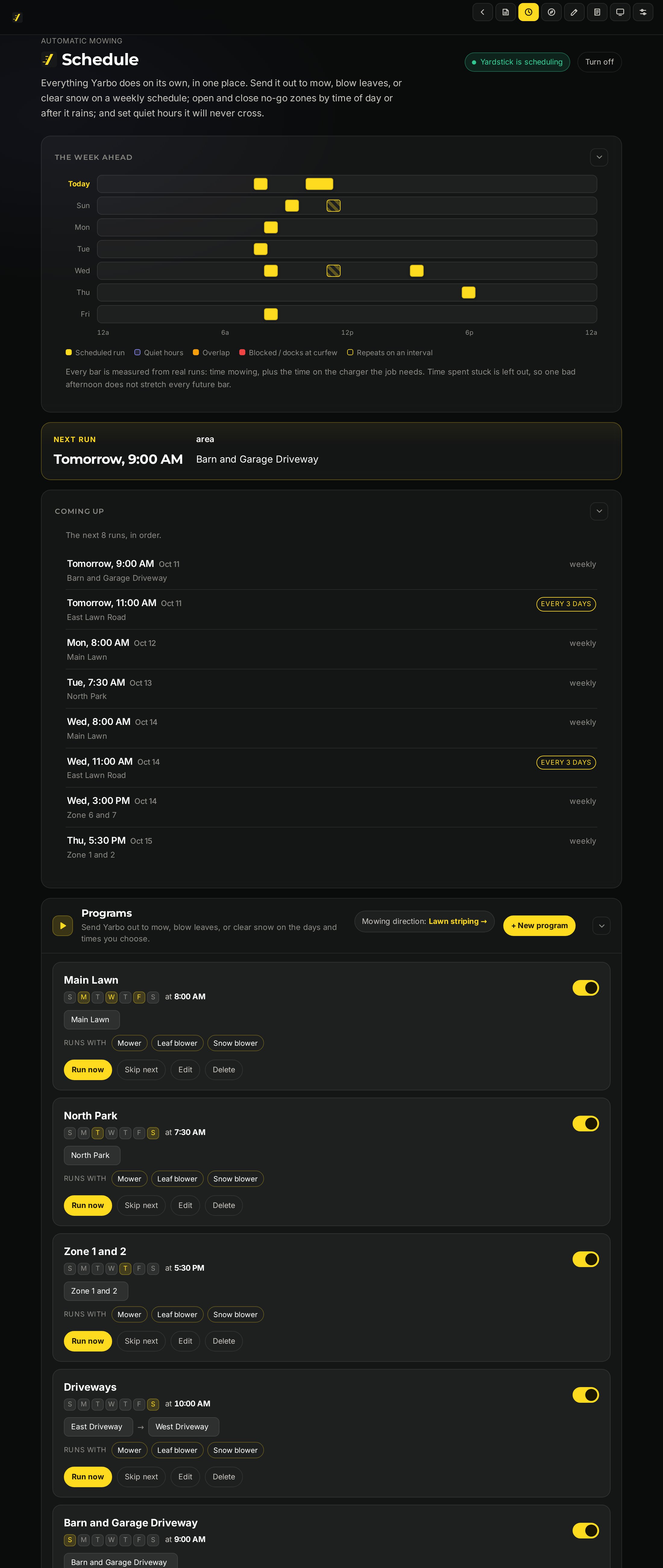 The scheduler: the week-ahead timeline, the next run, the runs coming up, and the list of mowing programs, each with its days, time and attachments