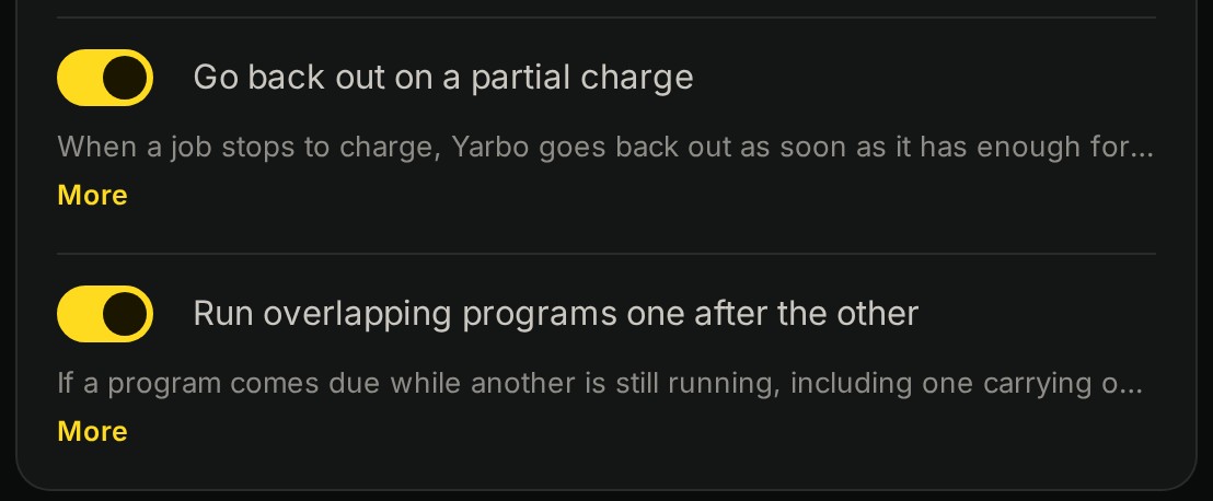Two switches on the Scheduler page: Go back out on a partial charge, turned on, and Run overlapping programs one after the other, turned on